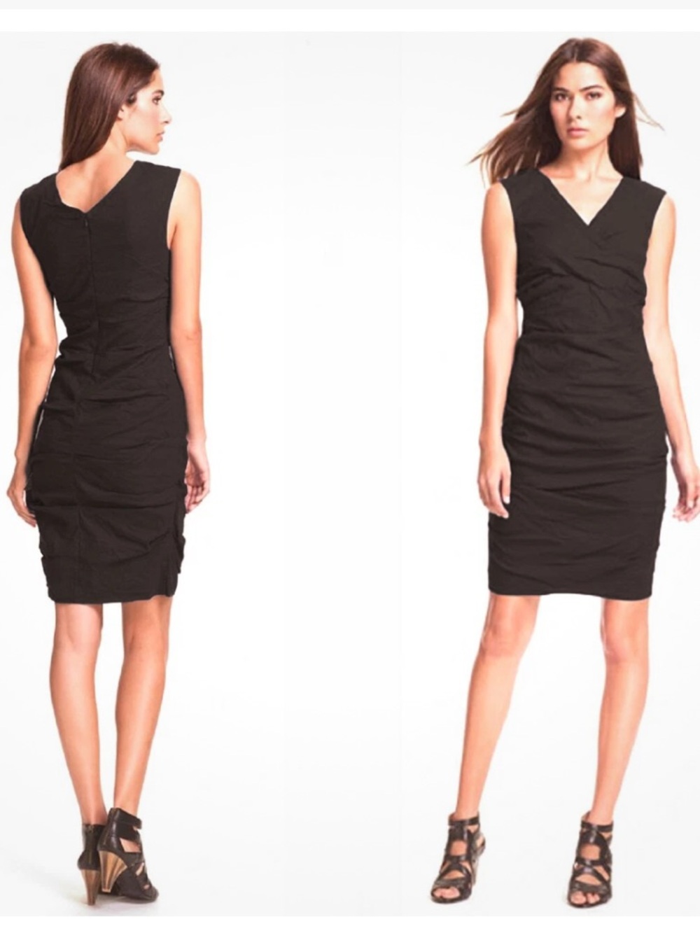 NWT Eileen Fisher Cotton Steel Stitch Black Metallic Shirred Stretch Dress